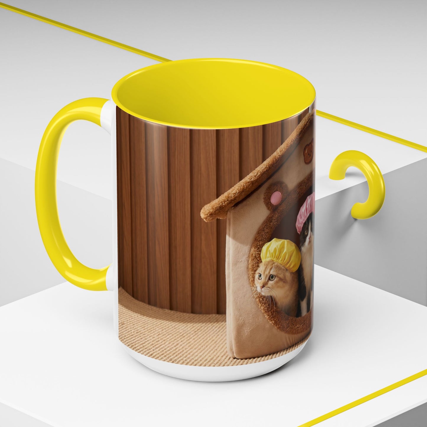 Cute Kittens in Shower Caps Accent Coffee Mug — Pink Interior 11/15oz
