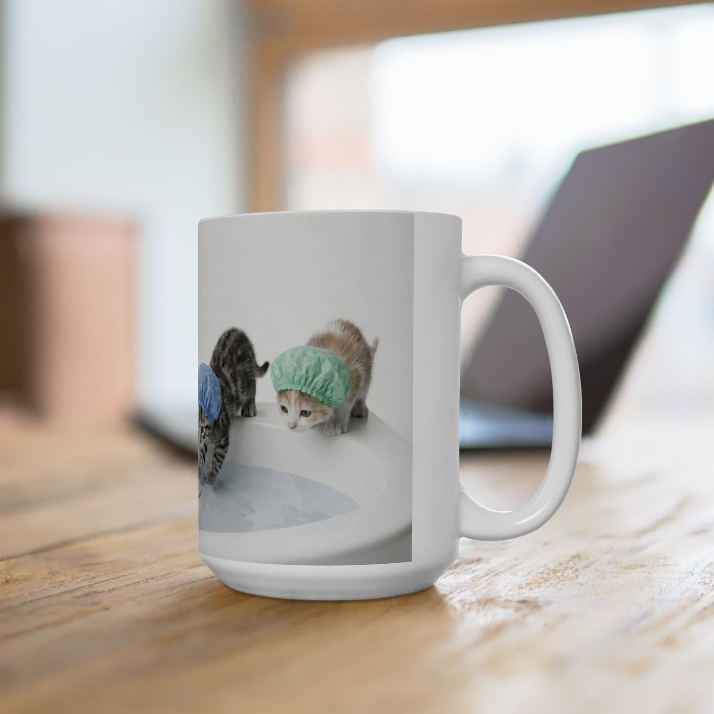 Kitten Shower Ceramic Mug — Cute Kittens in Bath Caps Coffee Tea Cup (11oz/15oz)