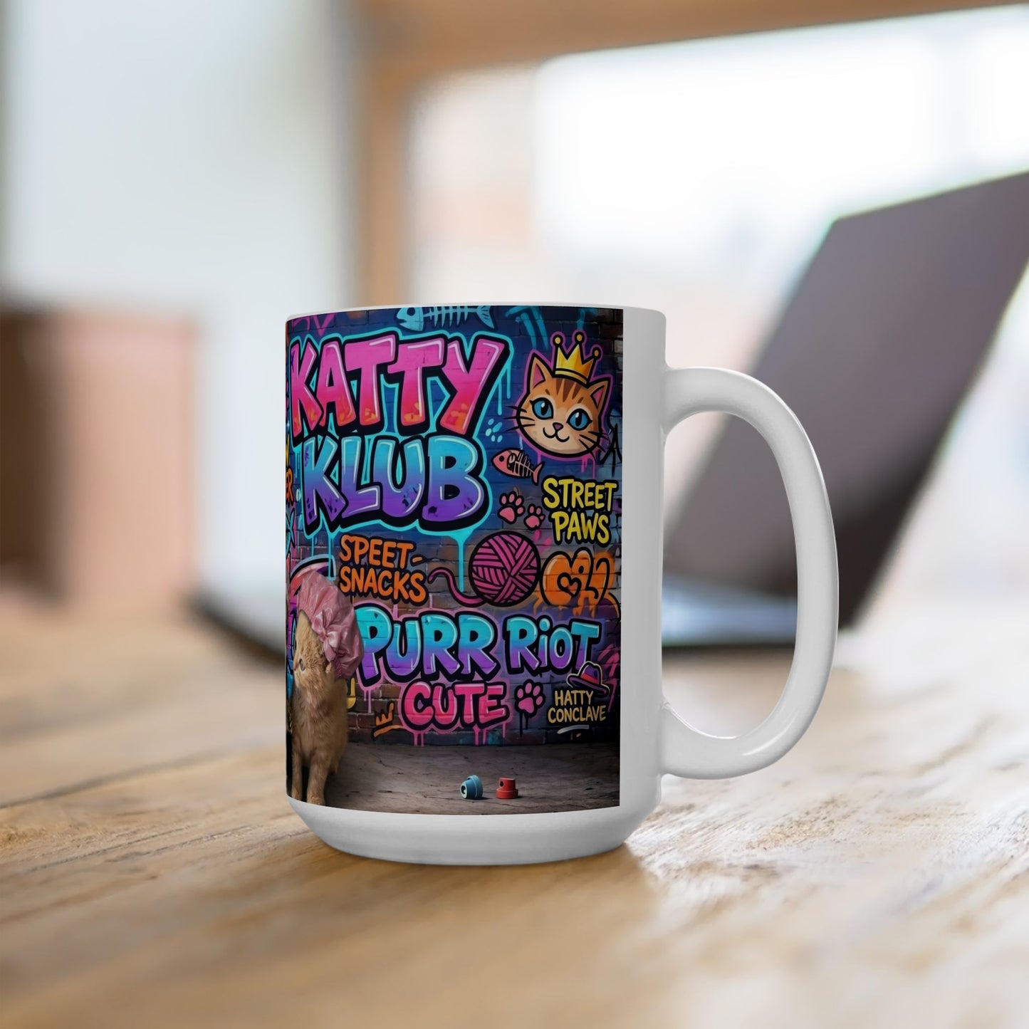 Kitten Crew Ceramic Mug — Colorful Street Art Cat Design (11oz/15oz)