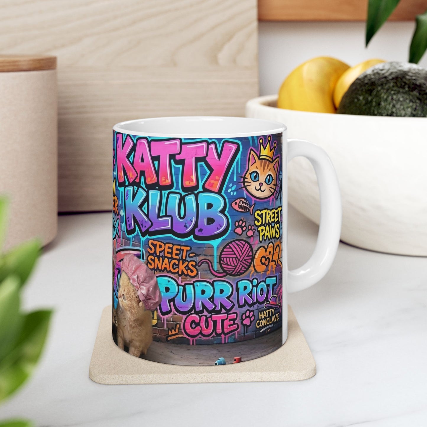 Kitten Crew Ceramic Mug — Colorful Street Art Cat Design (11oz/15oz)