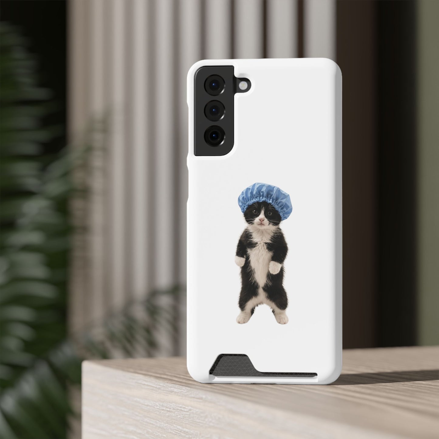 Cute Cat in Shower Cap Slim Phone Case with Card Holder