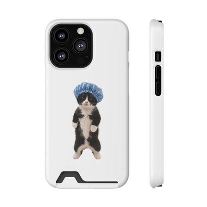 Cute Cat in Shower Cap Slim Phone Case with Card Holder