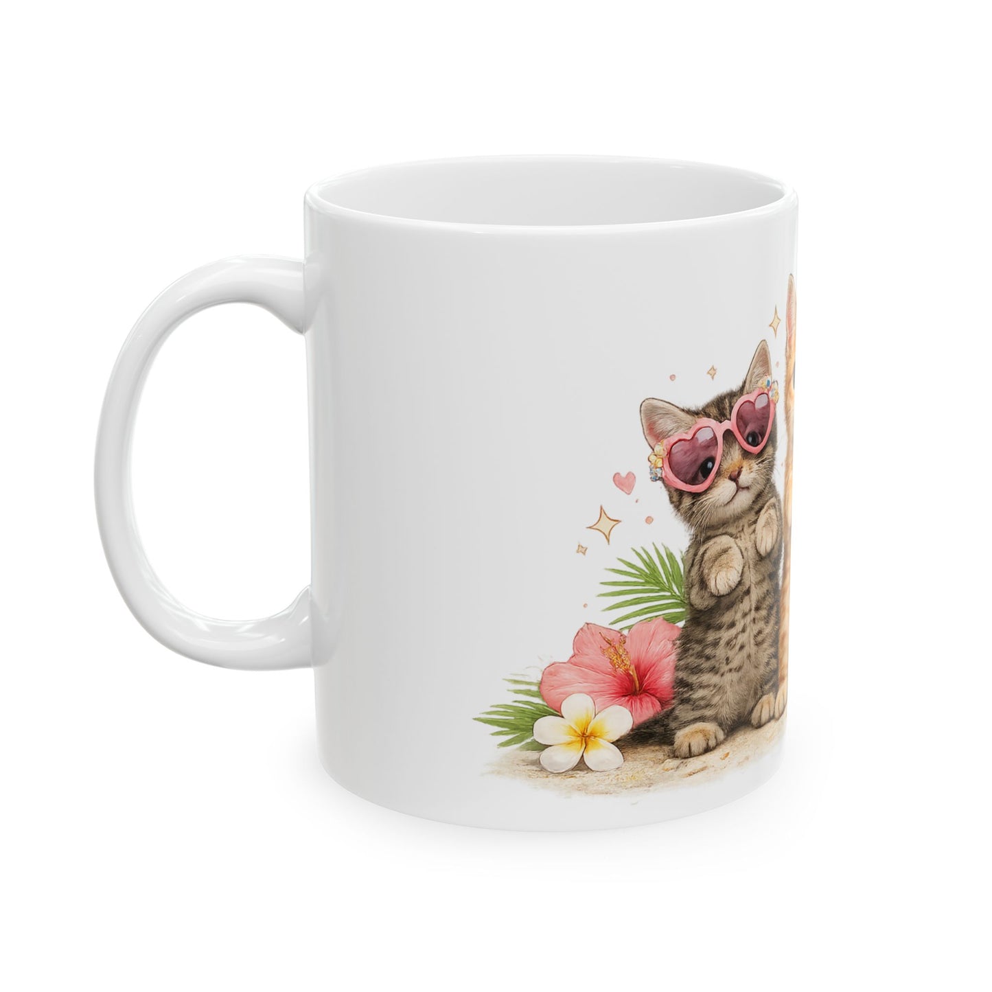 Cute Kitten Trio Ceramic Mug — Floral Cat Coffee Cup (11oz/15oz)