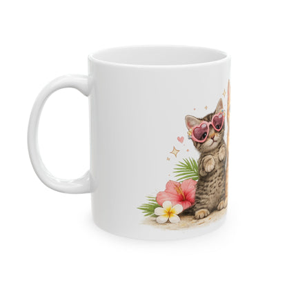 Cute Kitten Trio Ceramic Mug — Floral Cat Coffee Cup (11oz/15oz)