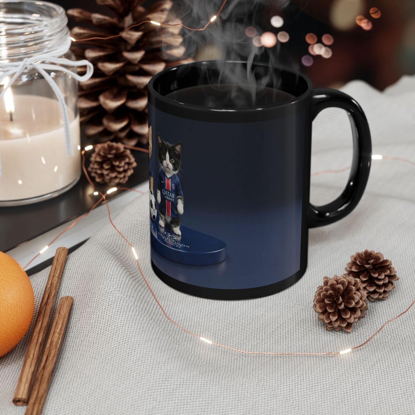 Soccer Cats Black Mug — Cute Football Kit Kittens Coffee Cup (11oz/15oz)