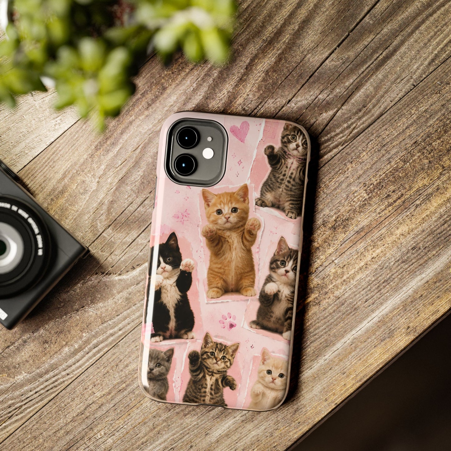 Cute Kittens Tough Phone Case — Pink Paw Print Protective Phone Cover