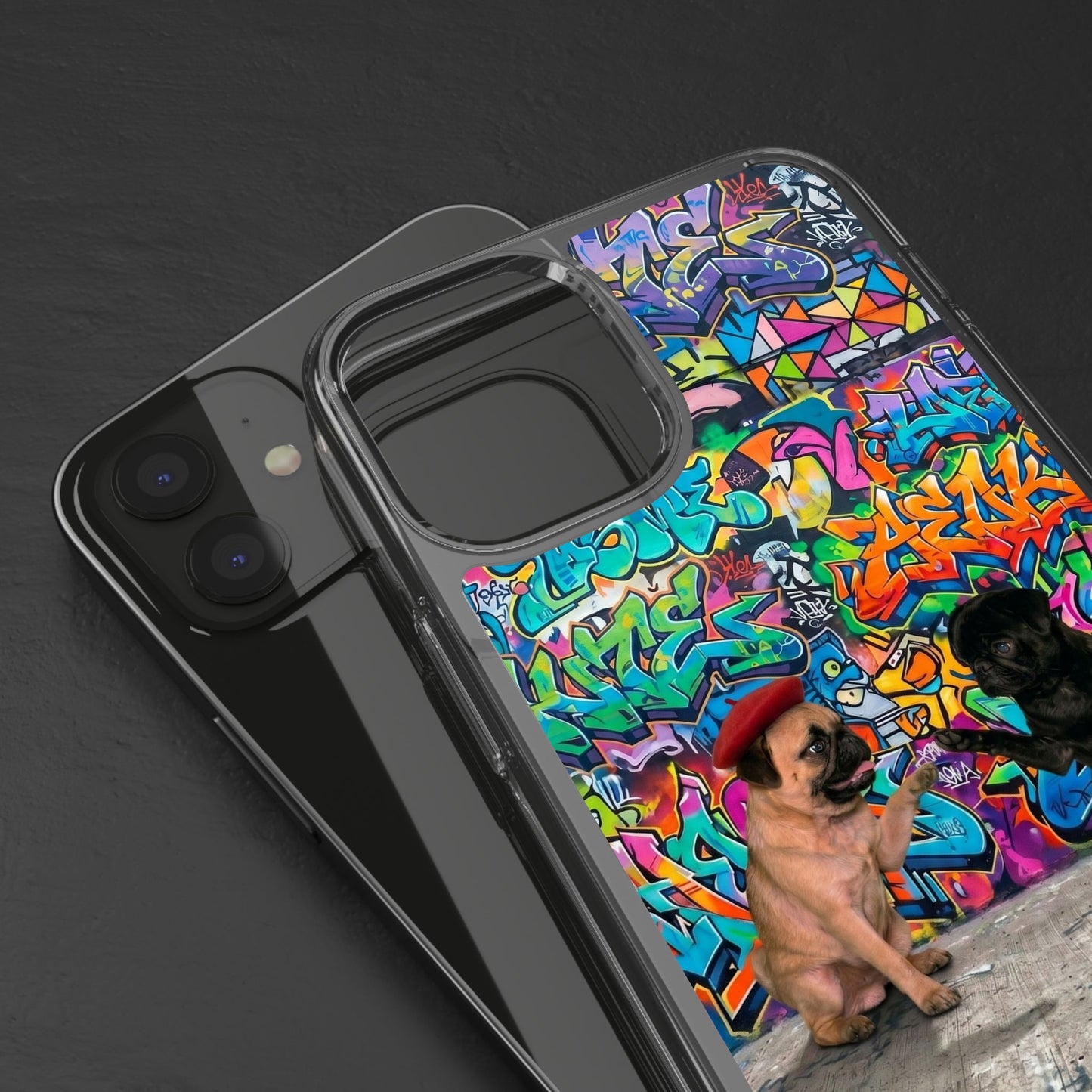 Clear Phone Case — Colorful Graffiti Pugs Design
