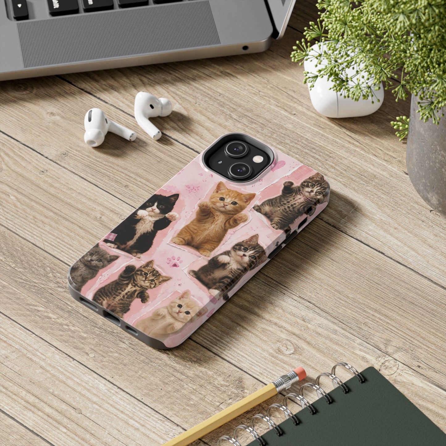 Cute Kittens Tough Phone Case — Pink Paw Print Protective Phone Cover