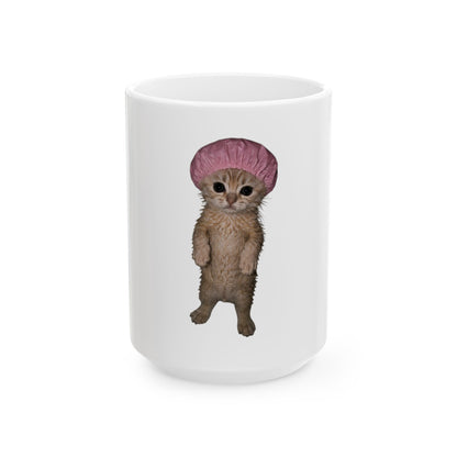 Cute Standing Kitten Mug with Pink Shower Cap (11oz, 15oz)