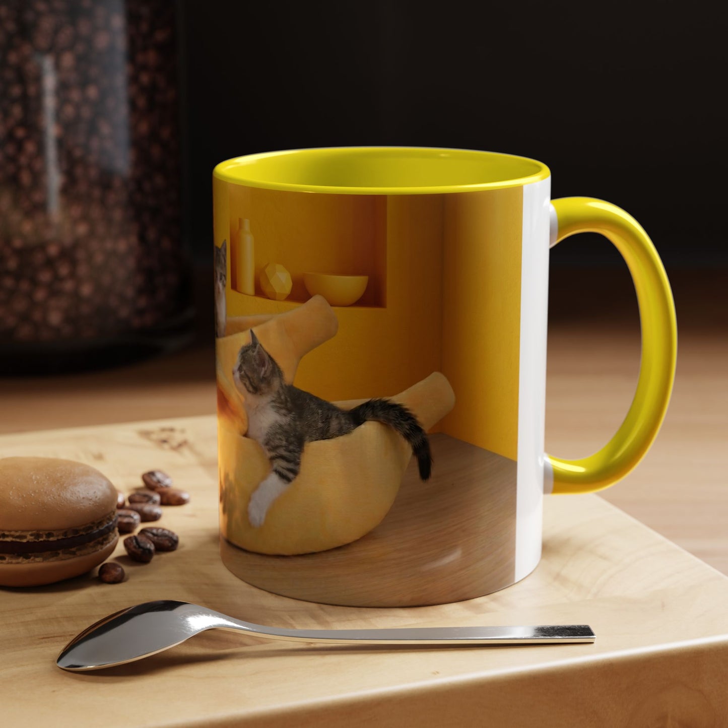 Yellow Cat Bananas Accent Coffee Mug — Cute Kittens in Yellow Room (11/15 oz)