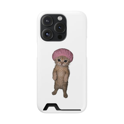 Cute Standing Kitten Cat Shower Cap  Phone Case with Card Holder