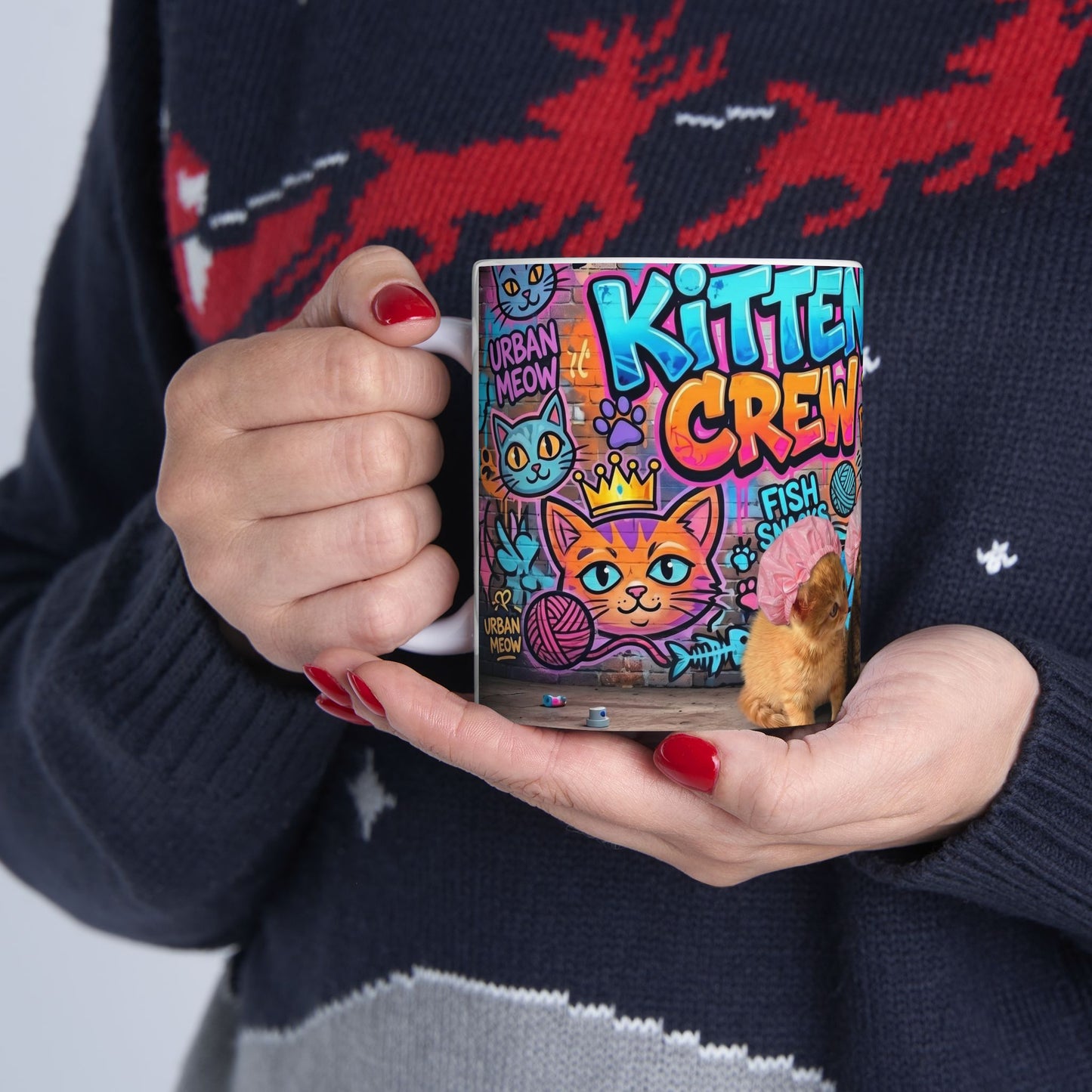 Kitten Crew Ceramic Mug — Colorful Street Art Cat Design (11oz/15oz)