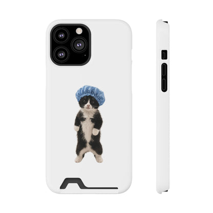 Cute Cat in Shower Cap Slim Phone Case with Card Holder