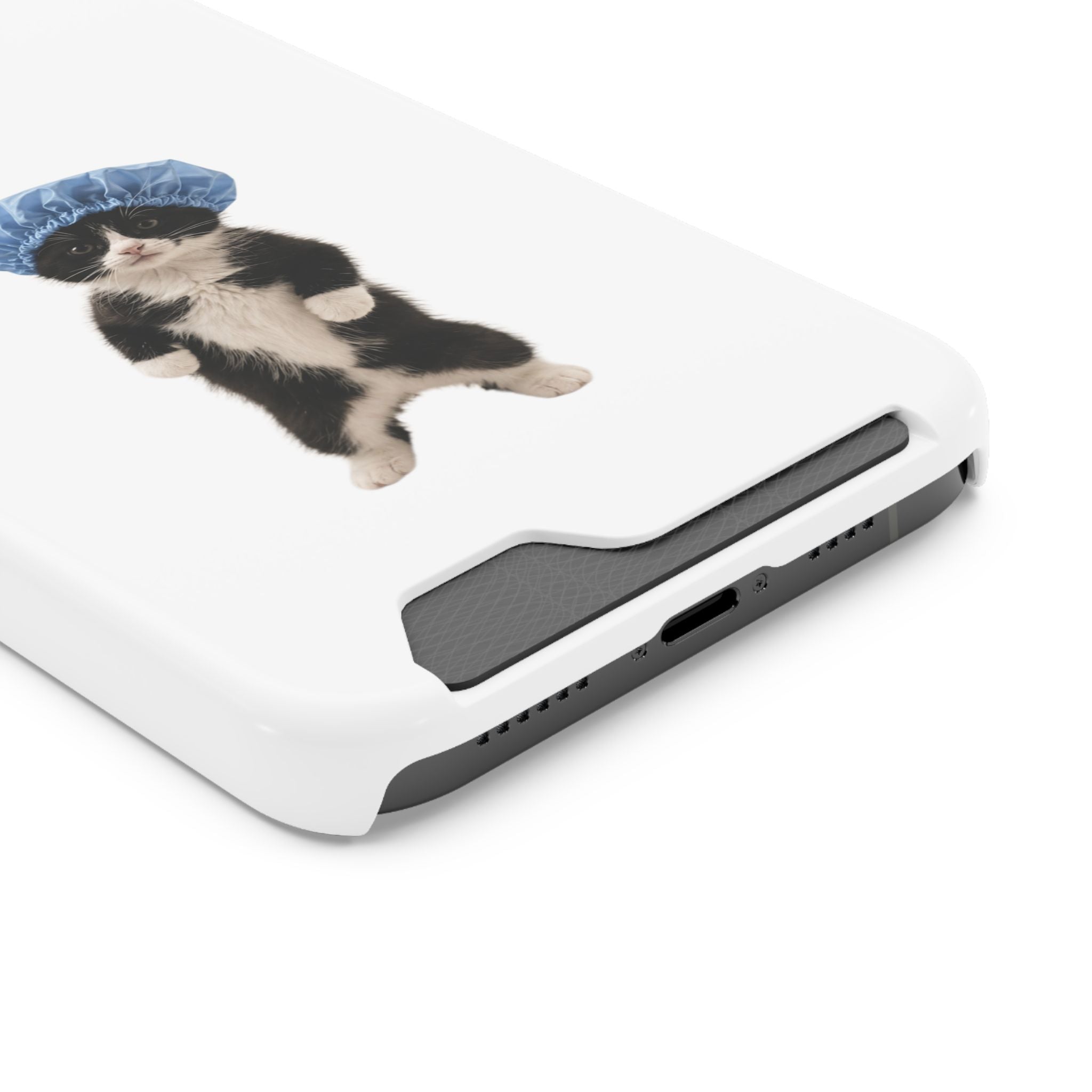 Cute Cat in Shower Cap Slim Phone Case with Card Holder