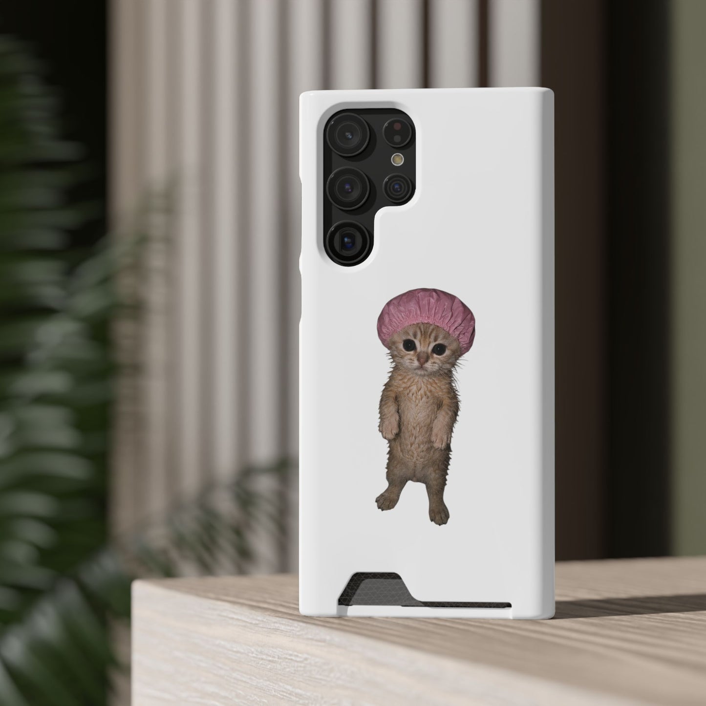 Cute Standing Kitten Cat Shower Cap  Phone Case with Card Holder