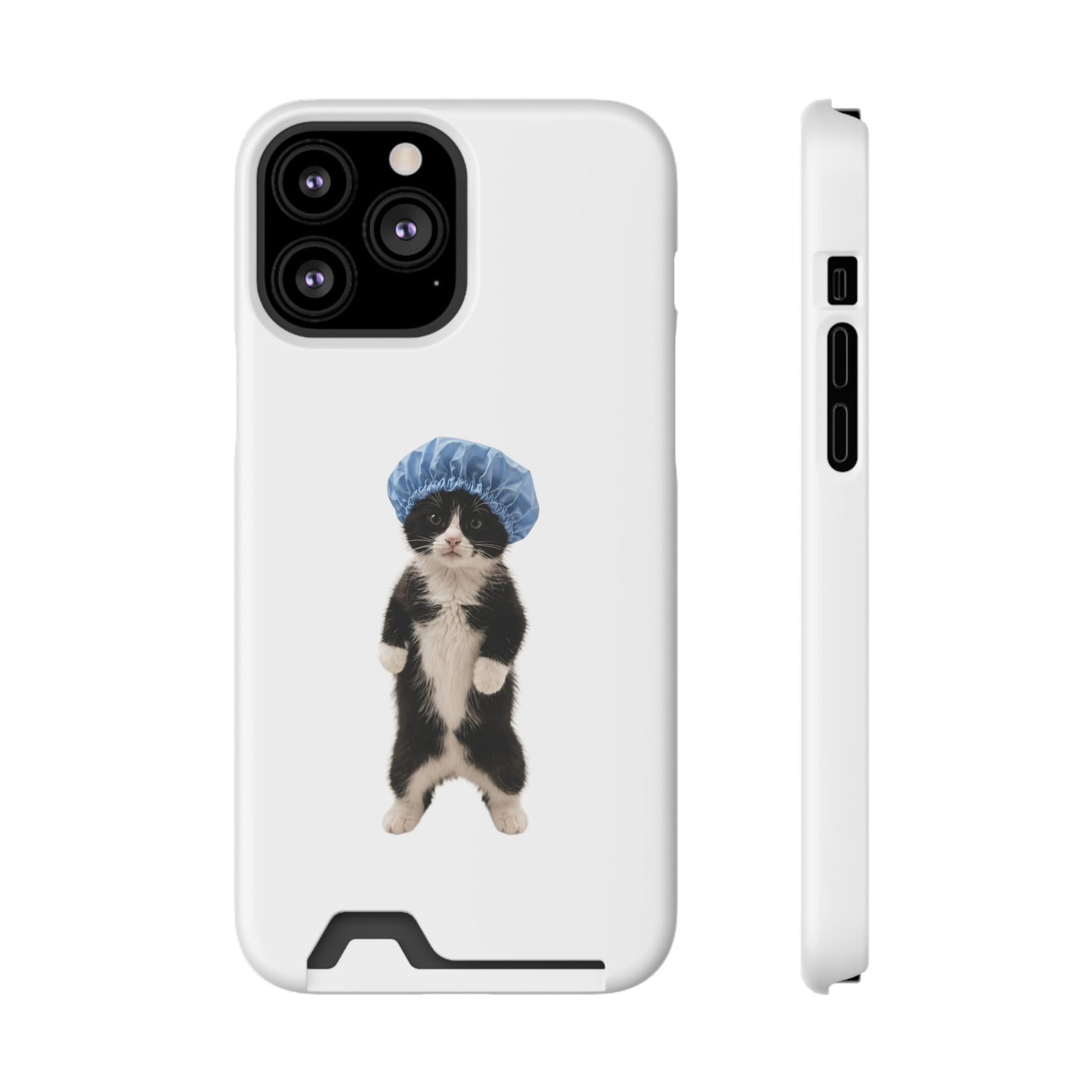 Cute Cat in Shower Cap Slim Phone Case with Card Holder