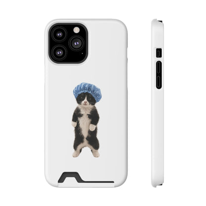 Cute Cat in Shower Cap Slim Phone Case with Card Holder