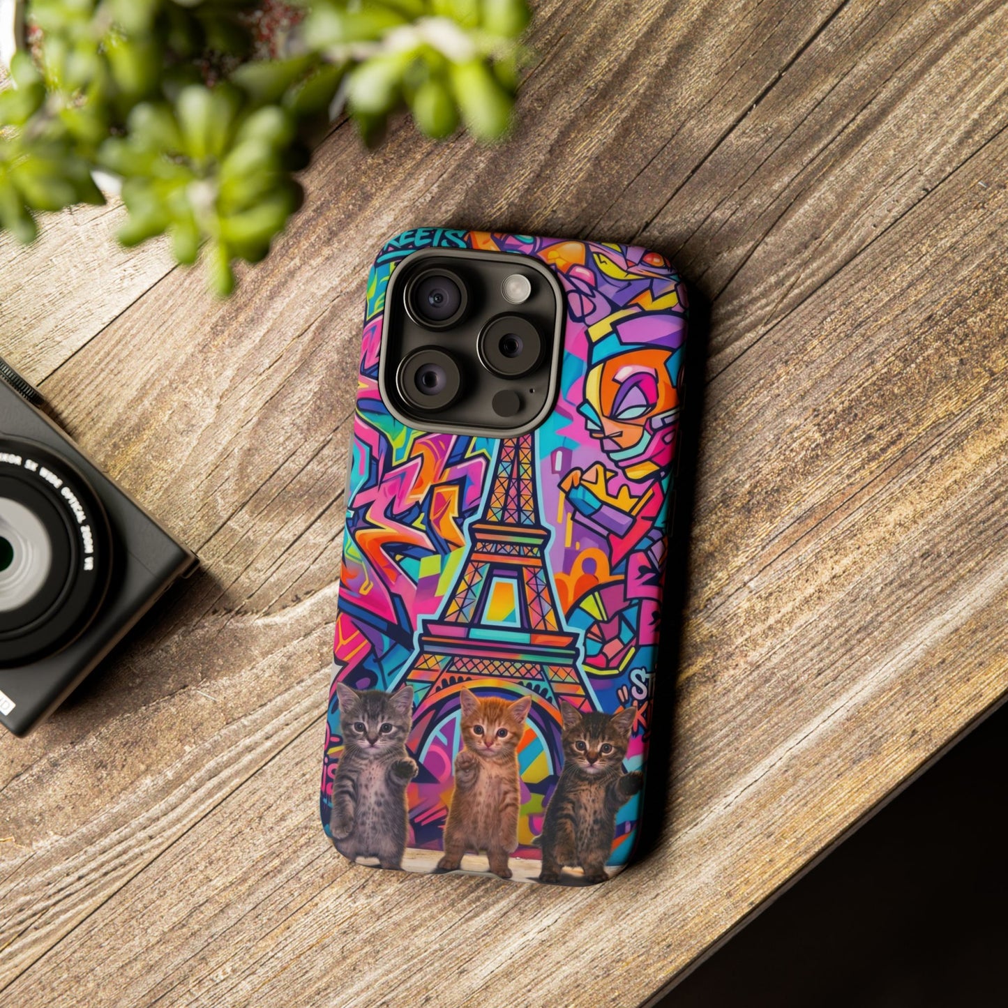 Cat Graffiti Eiffel Phone Case — Colorful Urban Parisian iPhone Cover