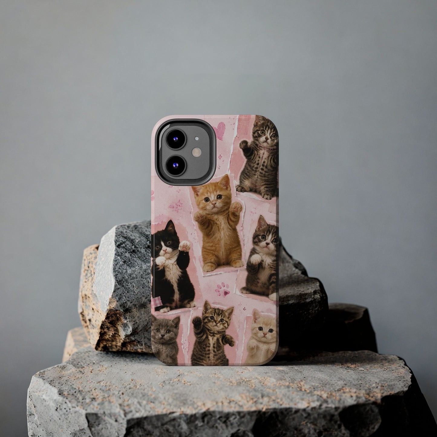 Cute Kittens Tough Phone Case — Pink Paw Print Protective Phone Cover