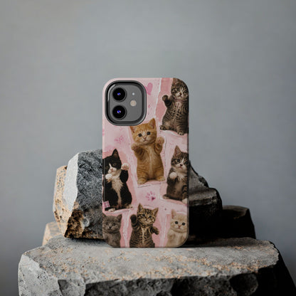 Cute Kittens Tough Phone Case — Pink Paw Print Protective Phone Cover