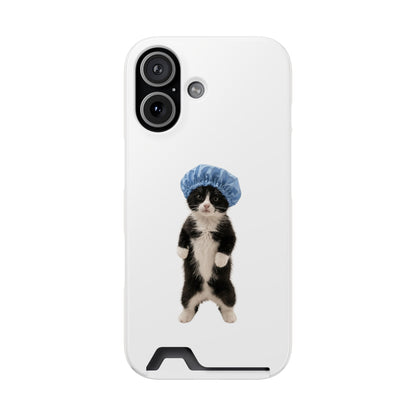 Cute Cat in Shower Cap Slim Phone Case with Card Holder