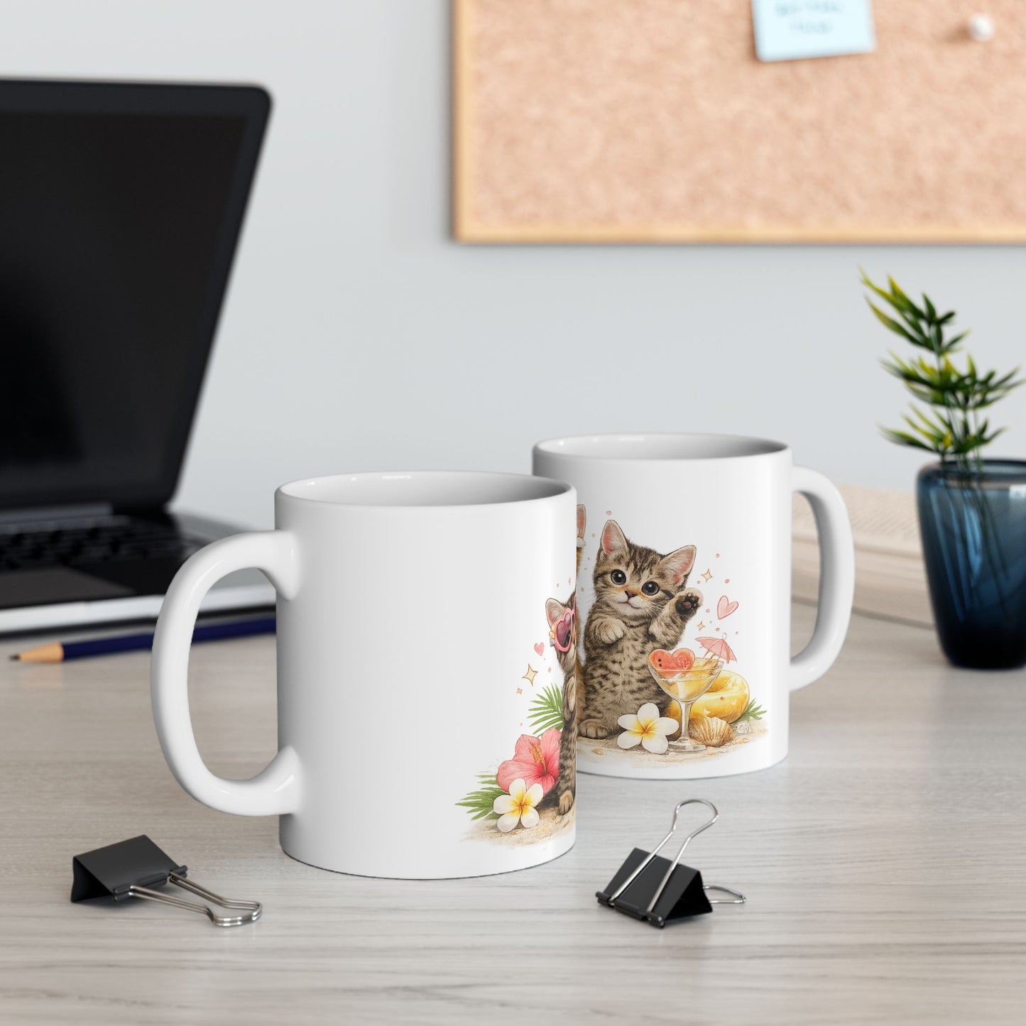 Cute Kitten Trio Ceramic Mug — Floral Cat Coffee Cup (11oz/15oz)