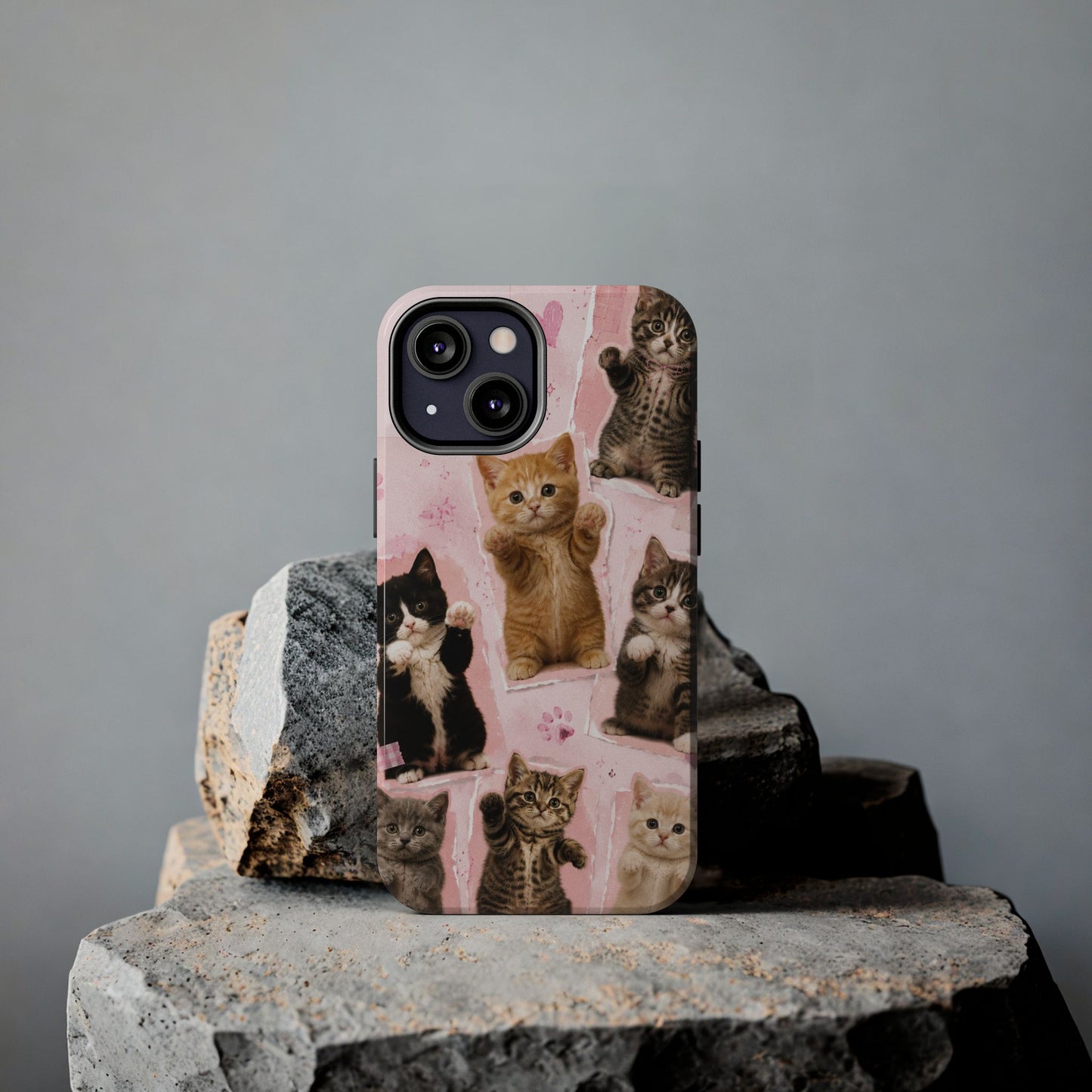 Cute Kittens Tough Phone Case — Pink Paw Print Protective Phone Cover