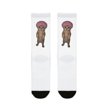 Cute Kitten in with Pink  Shower Cap Crew Socks