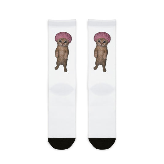 Cute Kitten in with Pink  Shower Cap Crew Socks
