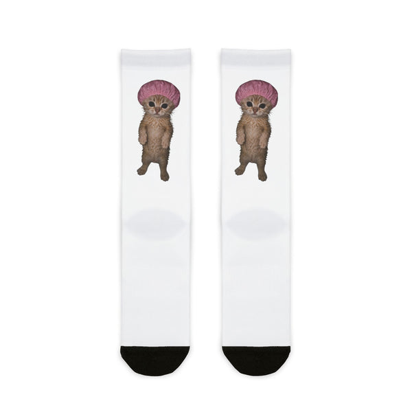 Cute Kitten in with Pink  Shower Cap Crew Socks