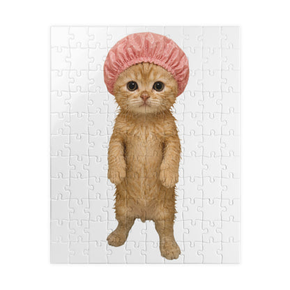 Cute Kitten Standing Cat in Pink Shower Cap Jigsaw Puzzle