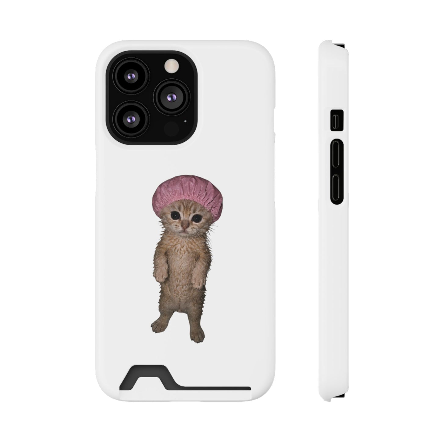 Cute Standing Kitten Cat Shower Cap  Phone Case with Card Holder