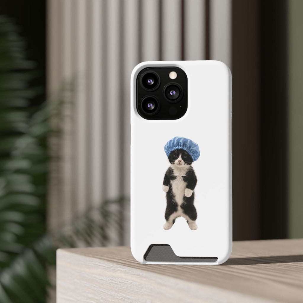 Cute Cat in Shower Cap Slim Phone Case with Card Holder