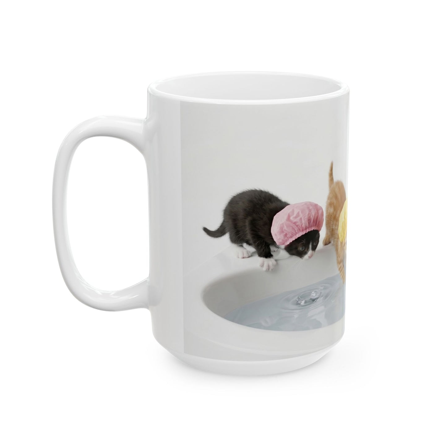 Kitten Shower Ceramic Mug — Cute Kittens in Bath Caps Coffee Tea Cup (11oz/15oz)