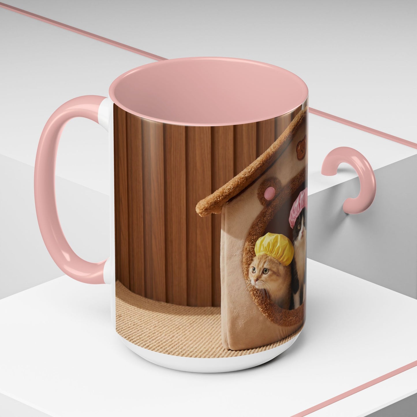 Cute Kittens in Shower Caps Accent Coffee Mug — Pink Interior 11/15oz