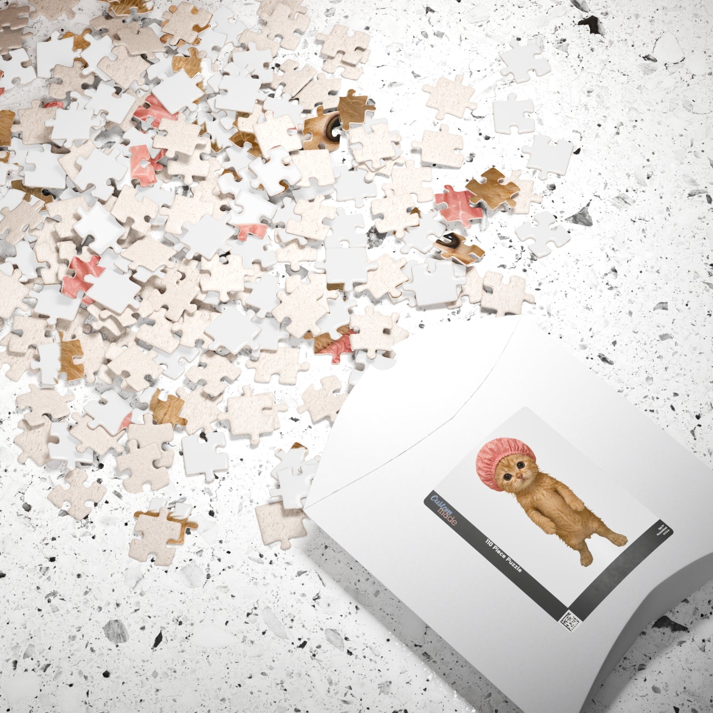 Cute Kitten Standing Cat in Pink Shower Cap Jigsaw Puzzle