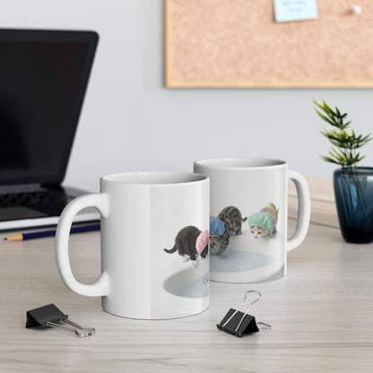 Kitten Shower Ceramic Mug — Cute Kittens in Bath Caps Coffee Tea Cup (11oz/15oz)
