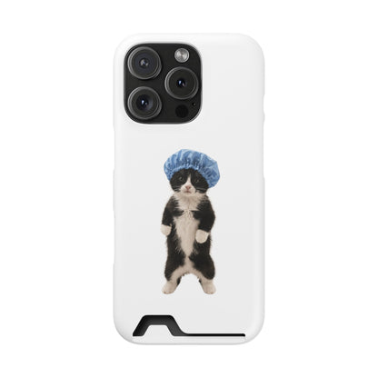 Cute Cat in Shower Cap Slim Phone Case with Card Holder