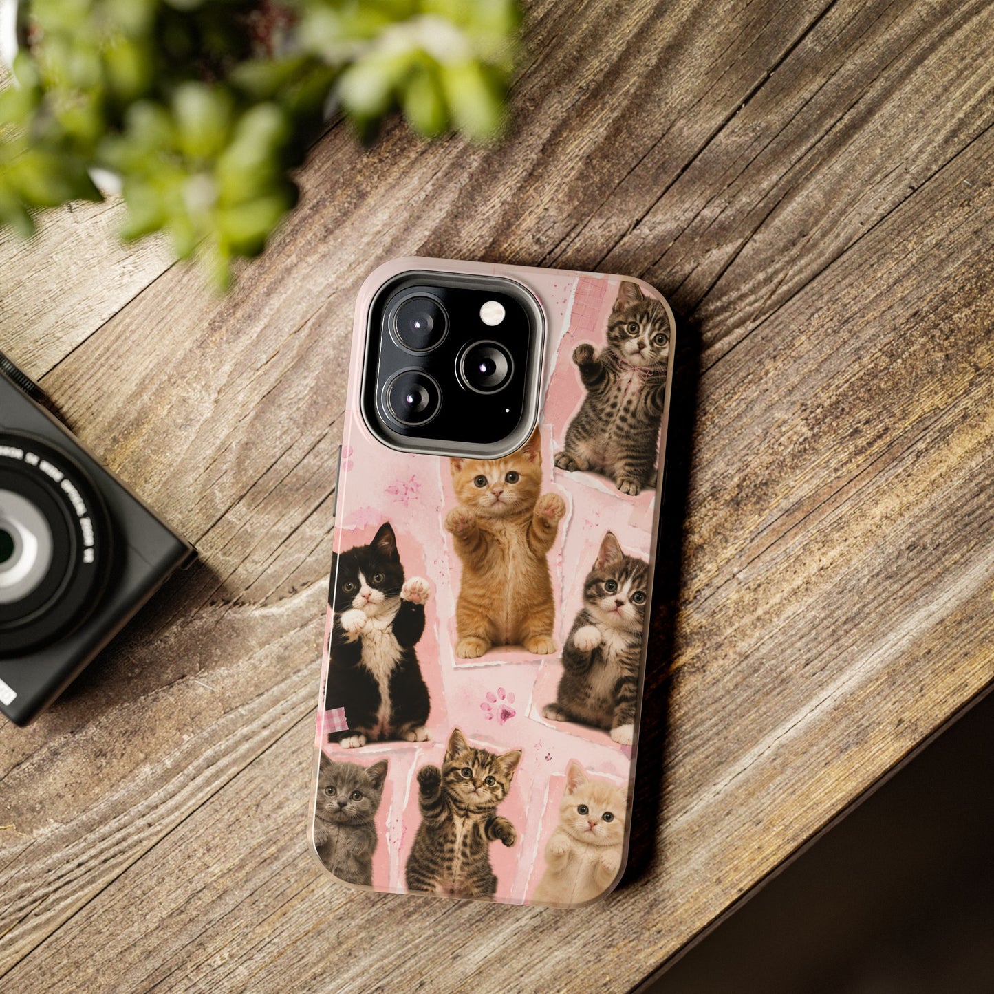 Cute Kittens Tough Phone Case — Pink Paw Print Protective Phone Cover