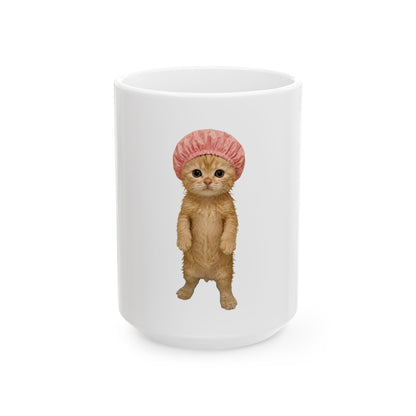 Cute Kitten Shower Cap Ceramic Mug (11oz, 15oz)