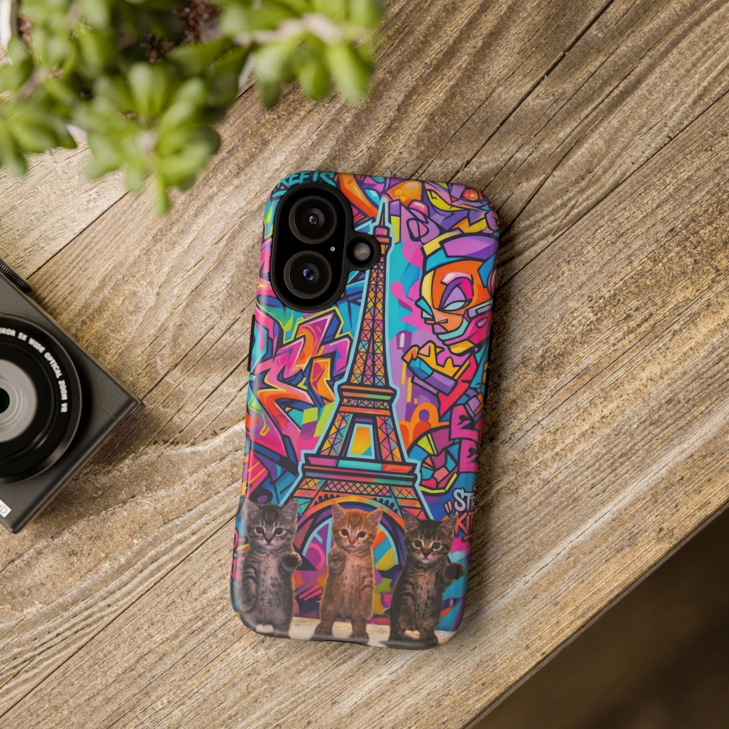 Cat Graffiti Eiffel Phone Case — Colorful Urban Parisian iPhone Cover