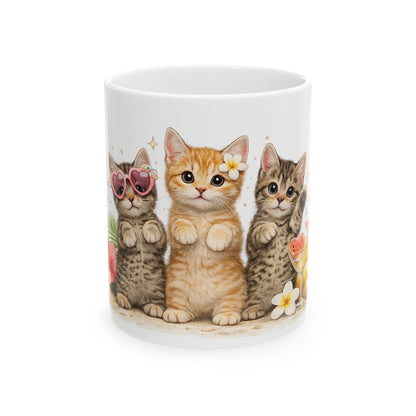 Cute Kitten Trio Ceramic Mug — Floral Cat Coffee Cup (11oz/15oz)