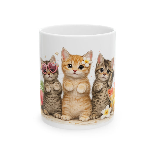 Cute Kitten Trio Ceramic Mug — Floral Cat Coffee Cup (11oz/15oz)
