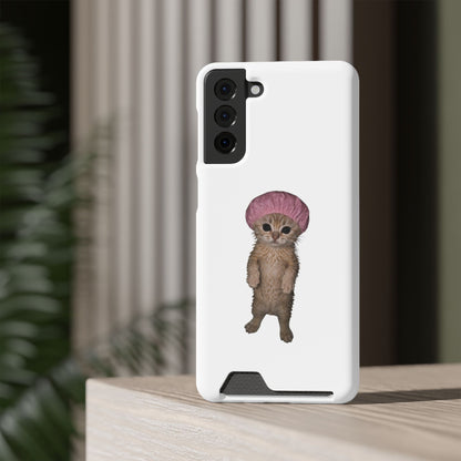 Cute Standing Kitten Cat Shower Cap  Phone Case with Card Holder