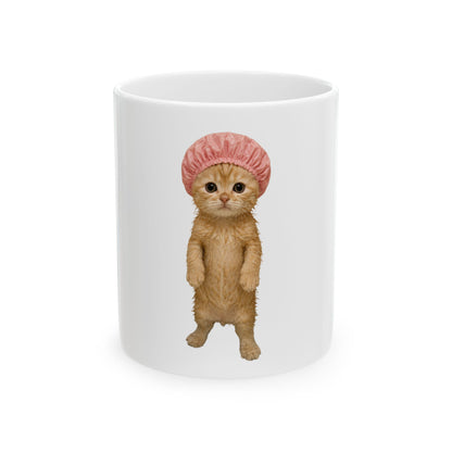 Cute Kitten Shower Cap Ceramic Mug (11oz, 15oz)