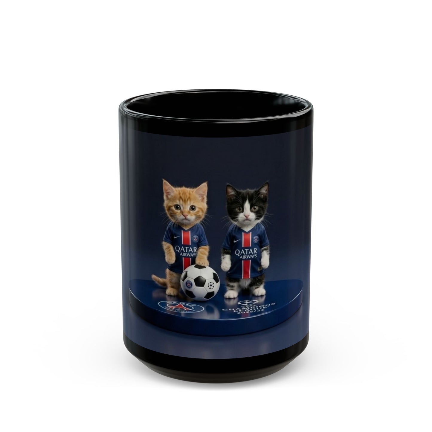 Soccer Cats Black Mug — Cute Football Kit Kittens Coffee Cup (11oz/15oz)