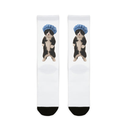 Cute Cat in Shower Cap Sublimation Crew Socks