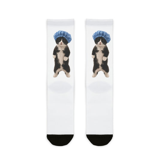 Cute Cat in Shower Cap Sublimation Crew Socks