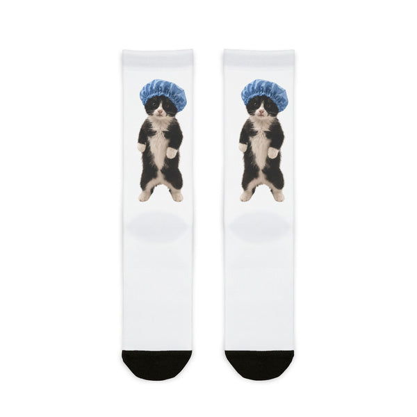 Cute Cat in Shower Cap Sublimation Crew Socks