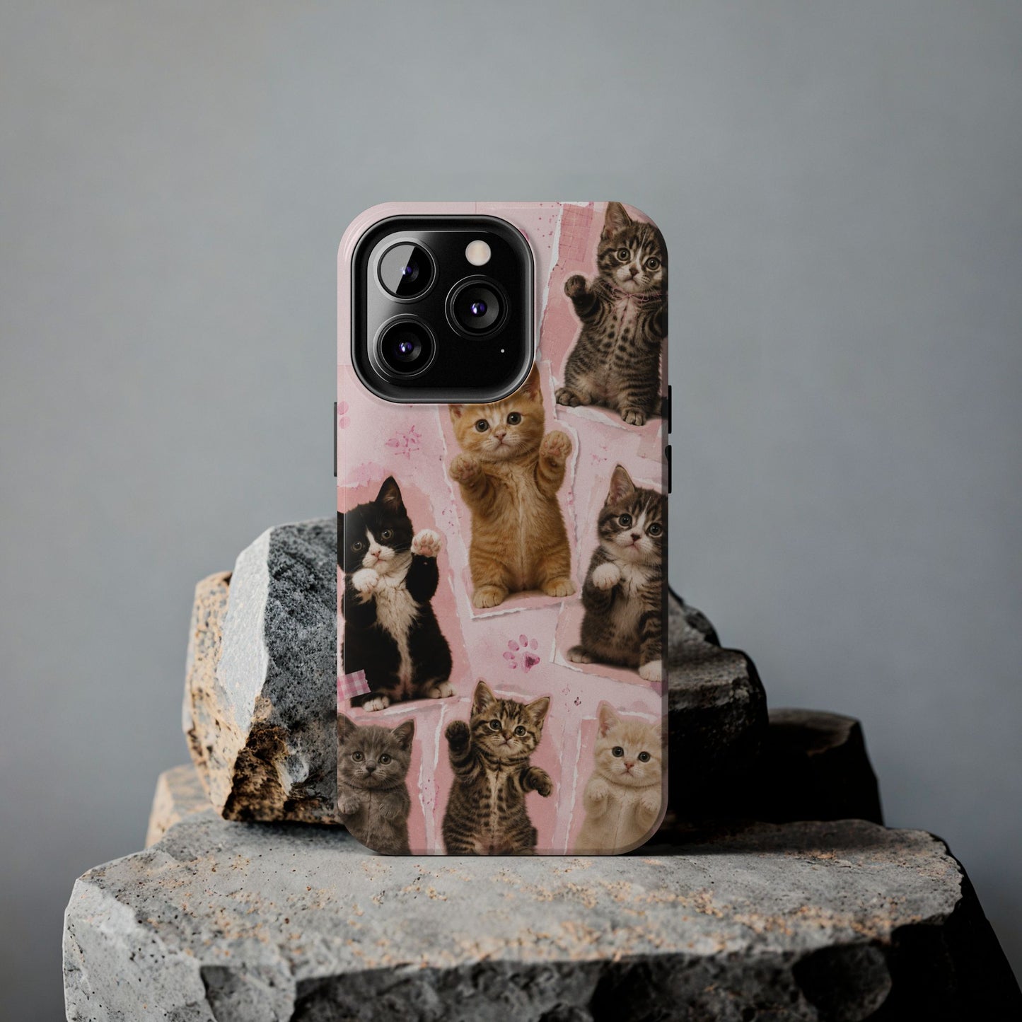 Cute Kittens Tough Phone Case — Pink Paw Print Protective Phone Cover